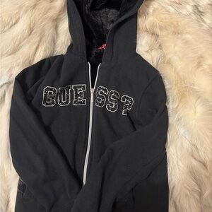 Guess Bedazzled Black Zip-Up with Fur Lining and Hood with Embellished Logo